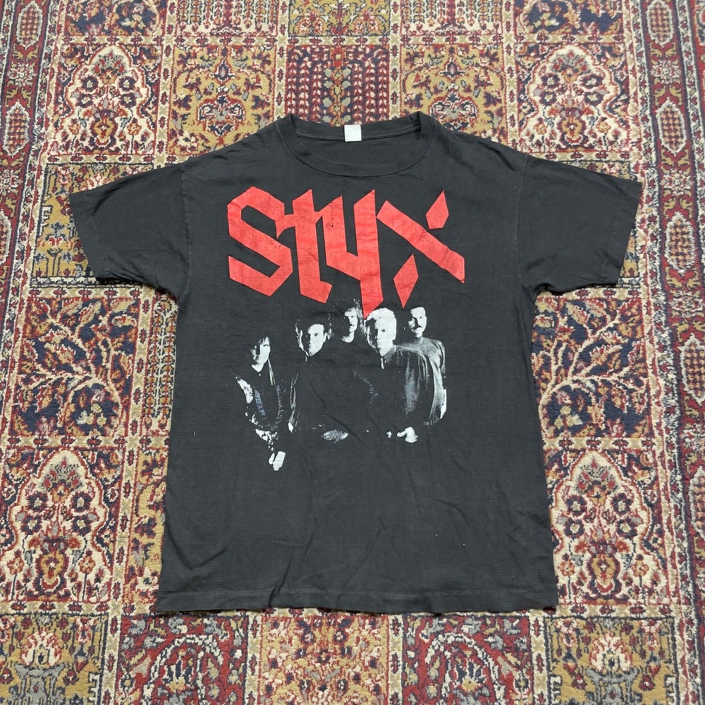 VTG Styx Tour 1991 Euro Tag Band T-Shirt XL Black Edge of the‎ Century Striped